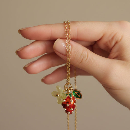 Red enamel metal strawberry beads with pearls for jewelry making
