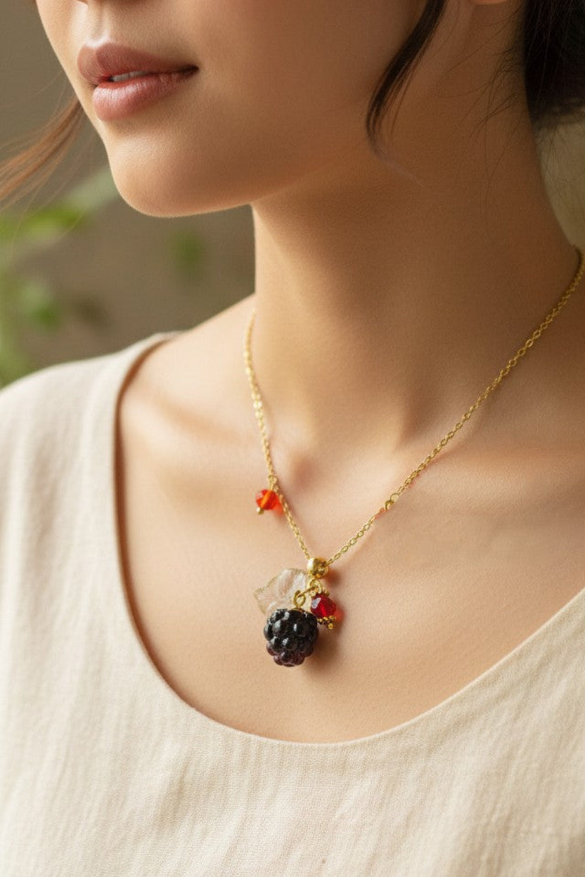 Blackberry Pendant Necklace, Handmade Hypoallergenic, Gold Plated Stainless Steel,  Nature Theme, Adjustable 16-18 Inch