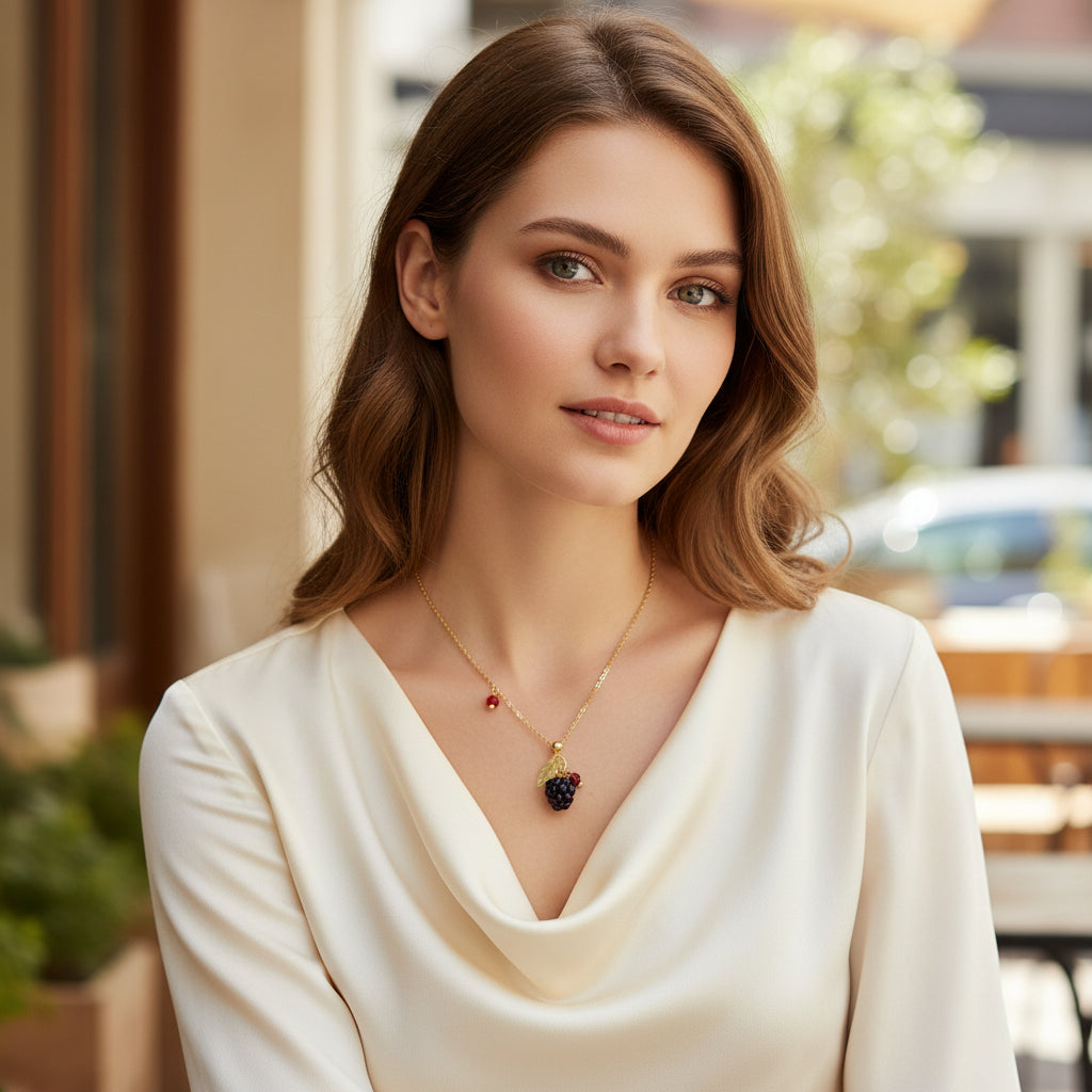 Blackberry Pendant Necklace, Handmade Hypoallergenic, Gold Plated Stainless Steel,  Nature Theme, Adjustable 16-18 Inch