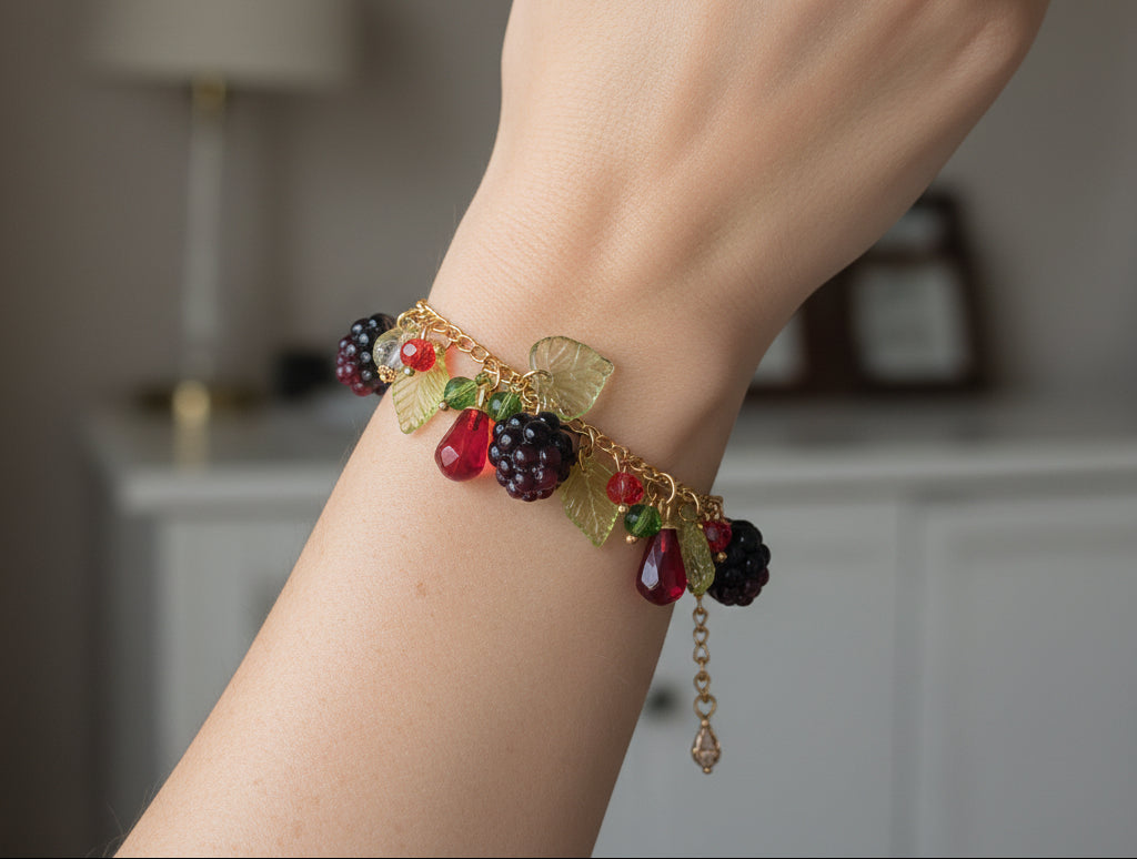 Handmade blackberry  jewelry with hypoallergenic gold plated stainless steel hardware and resin glass beads