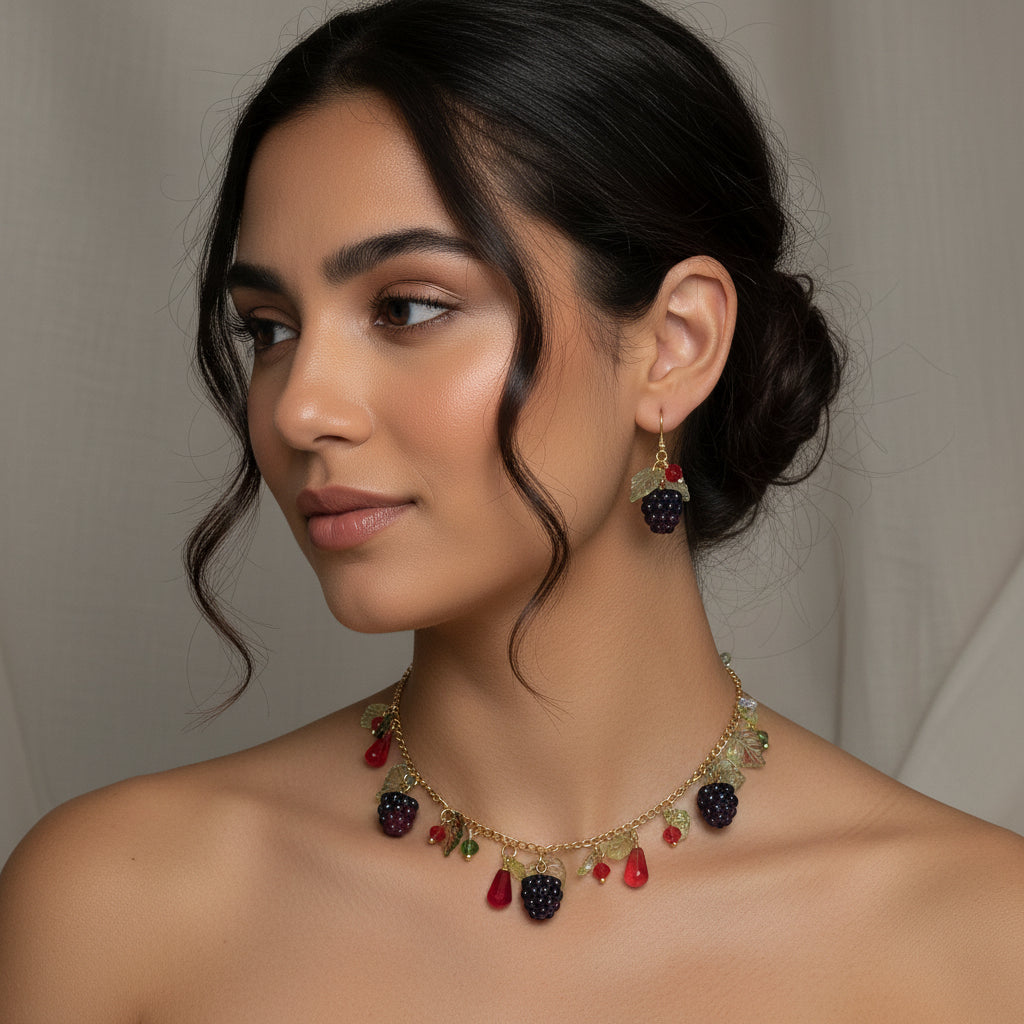 Handmade blackberry  jewelry with hypoallergenic gold plated stainless steel hardware and resin glass beads