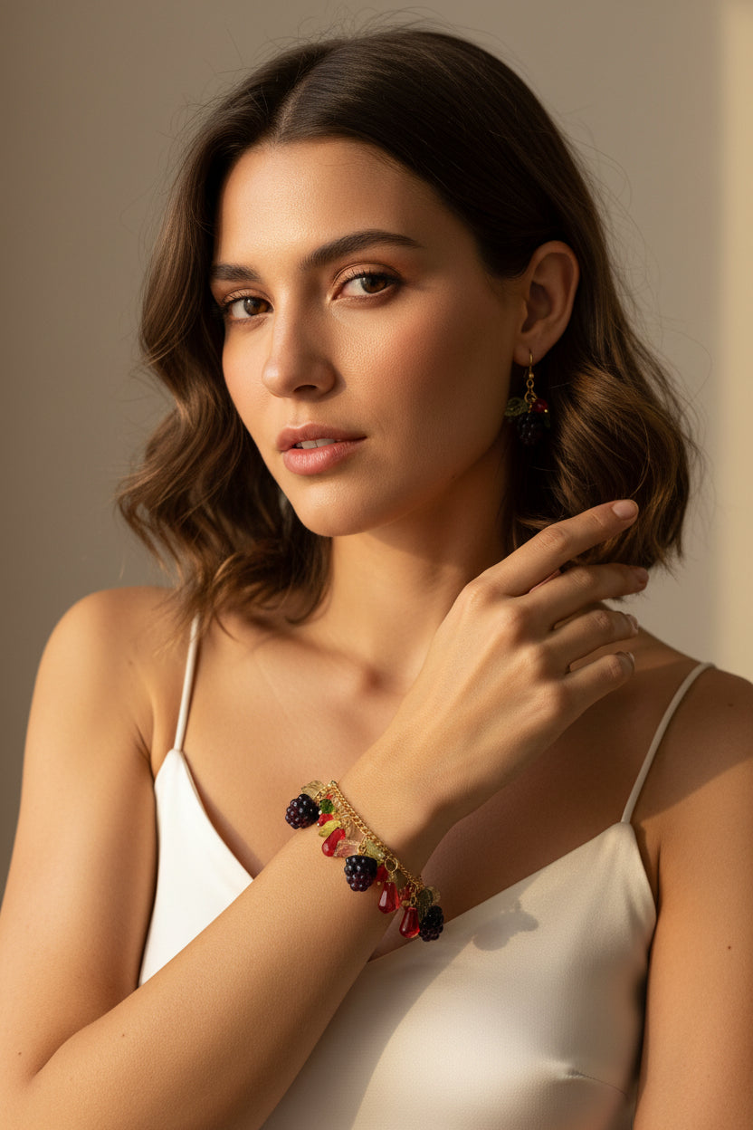 Handmade blackberry  jewelry with hypoallergenic gold plated stainless steel hardware and resin glass beads