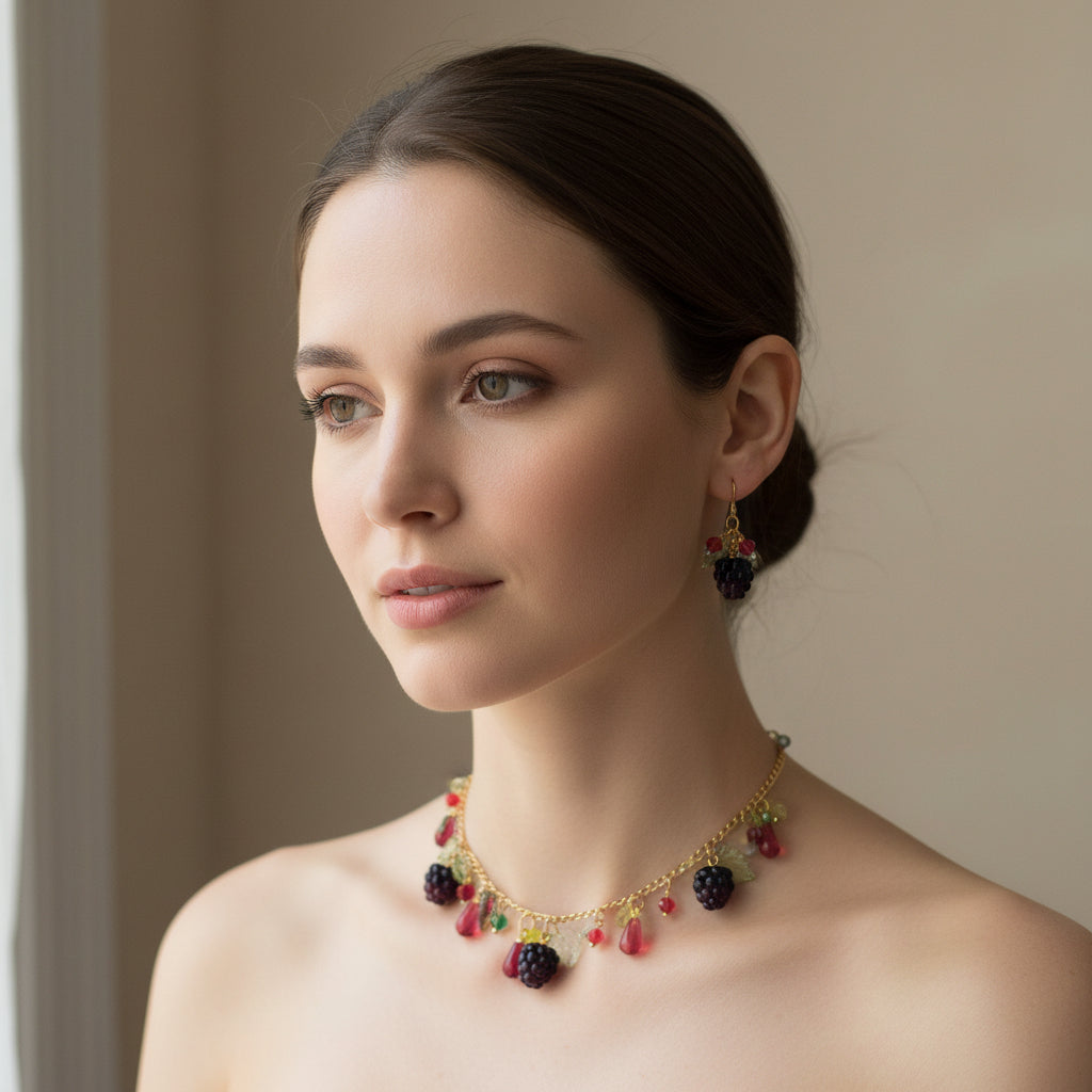 Handmade blackberry  jewelry with hypoallergenic gold plated stainless steel hardware and resin glass beads