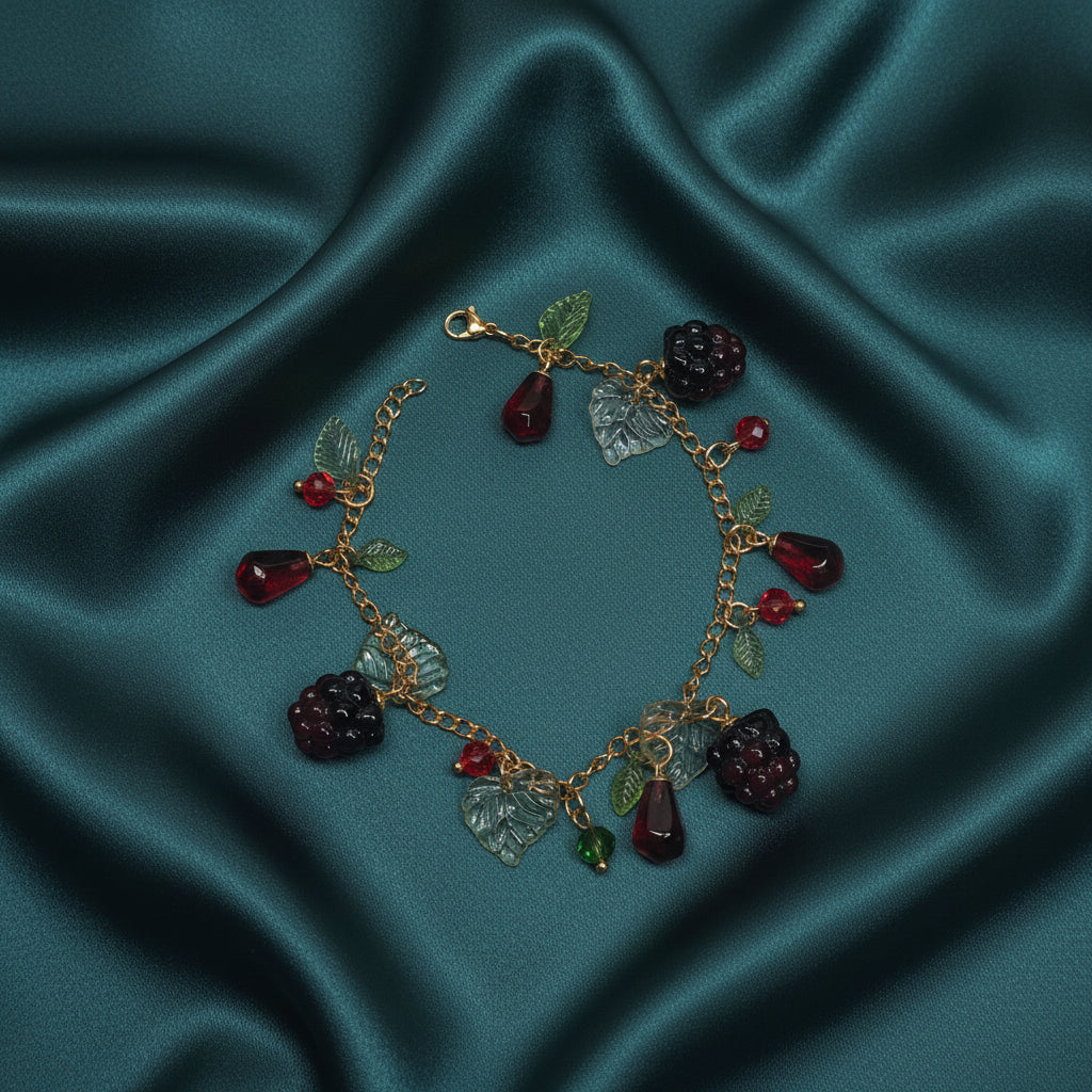 Handmade blackberry  jewelry with hypoallergenic gold plated stainless steel hardware and resin glass beads