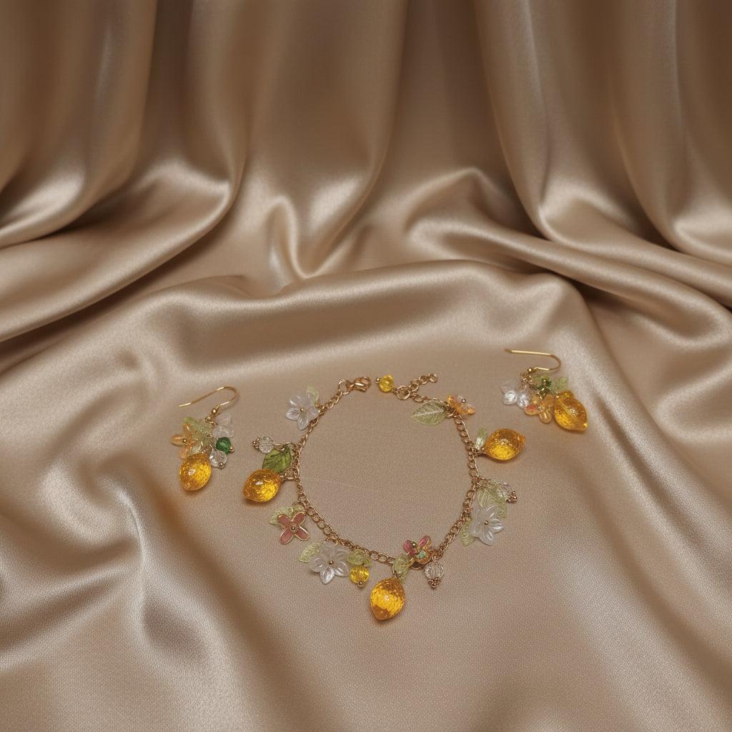 Handmade lemon  jewelry with hypoallergenic gold plated stainless steel hardware and resin glass beads