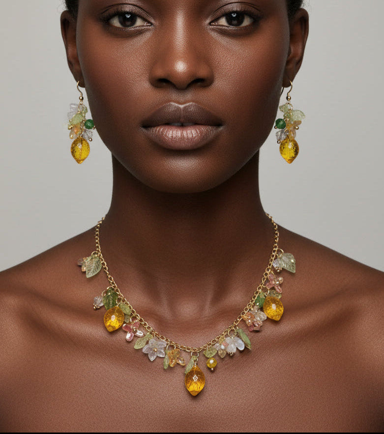 Handmade lemon  jewelry with hypoallergenic gold plated stainless steel hardware and resin glass beads