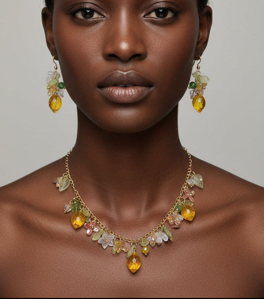 Handmade lemon  jewelry with hypoallergenic gold plated stainless steel hardware and resin glass beads