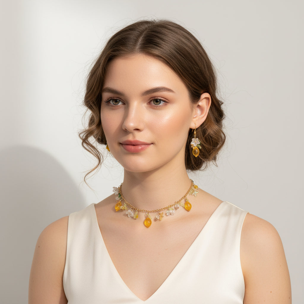 Handmade lemon  jewelry with hypoallergenic gold plated stainless steel hardware and resin glass beads