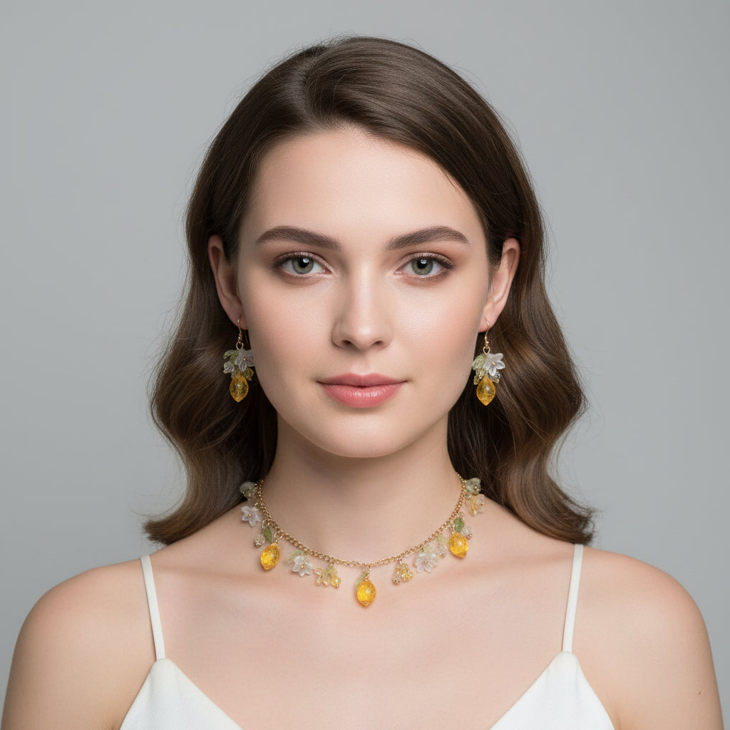 Handmade lemon  jewelry with hypoallergenic gold plated stainless steel hardware and resin glass beads