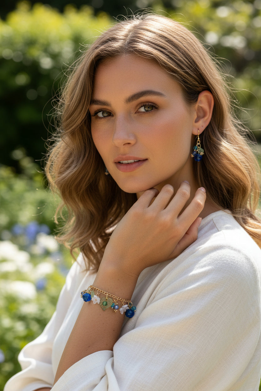 Handmade  blueberry jewelry with hypoallergenic gold plated stainless steel hardware and resin glass beads