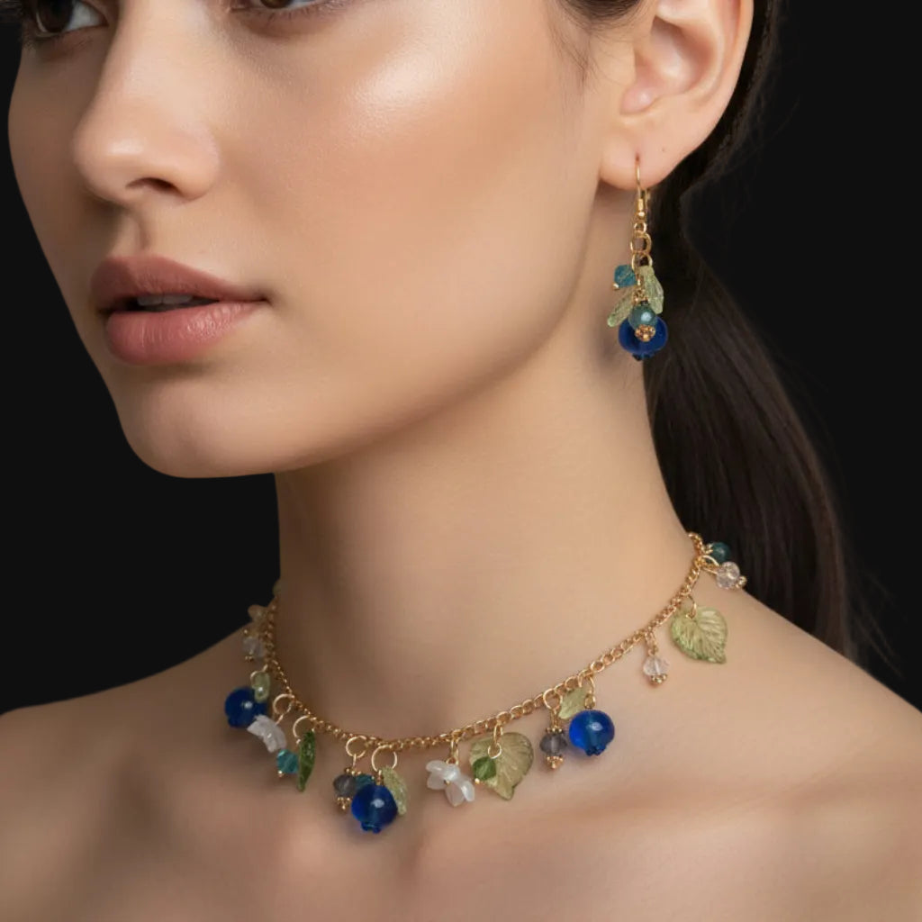 Handmade  blueberry jewelry with hypoallergenic gold plated stainless steel hardware and resin glass beads