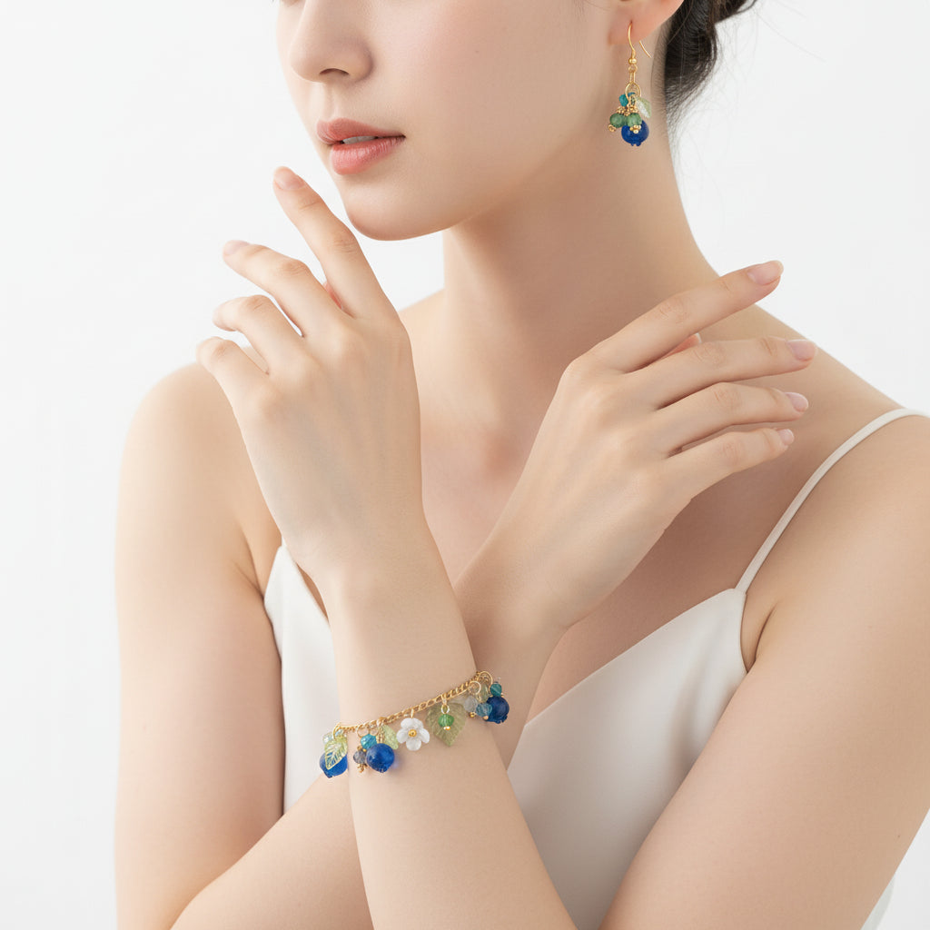 Handmade  blueberry jewelry with hypoallergenic gold plated stainless steel hardware and resin glass beads