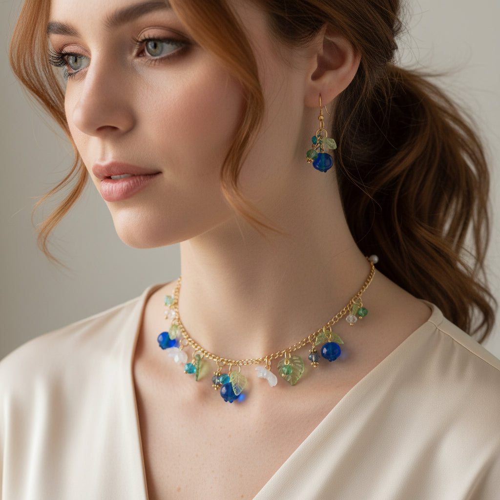 Handmade  blueberry jewelry with hypoallergenic gold plated stainless steel hardware and resin glass beads