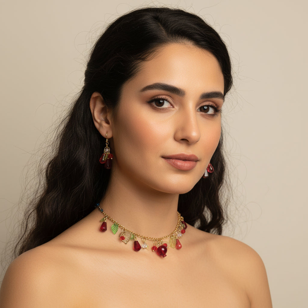 Handmade pomegranate jewelry with hypoallergenic gold plated stainless steel hardware and resin glass beads