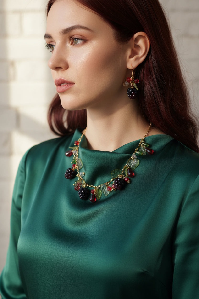 Handmade blackberry  jewelry with hypoallergenic gold plated stainless steel hardware and resin glass beads