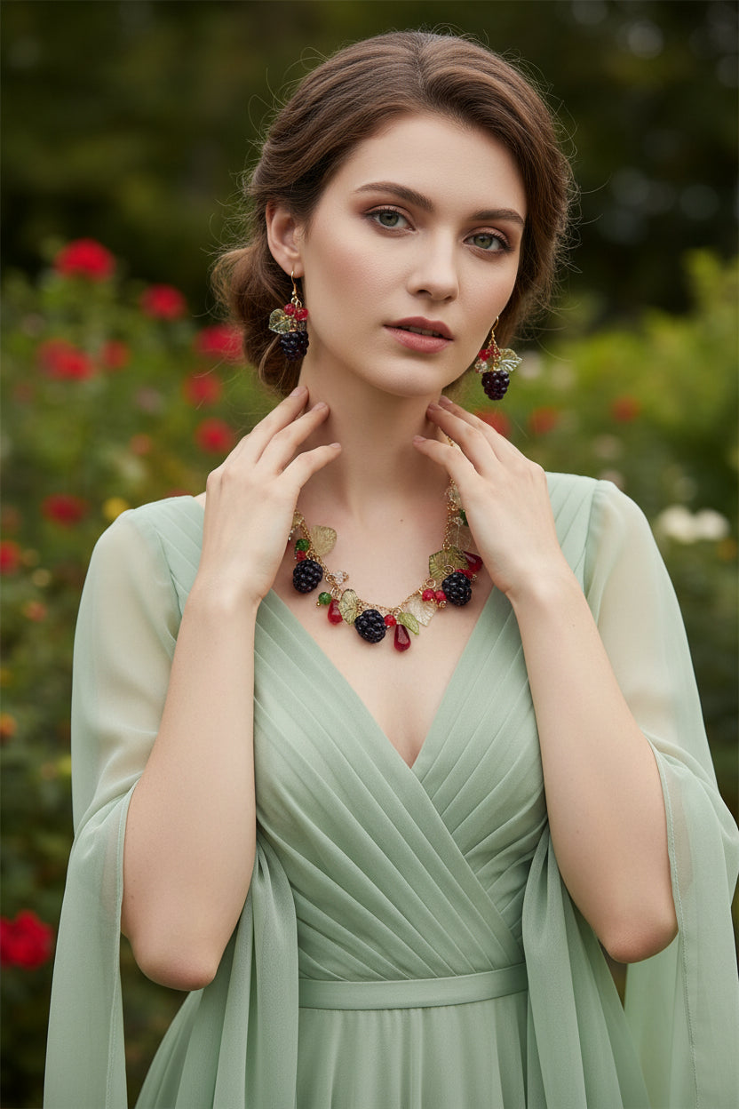 Handmade blackberry  jewelry with hypoallergenic gold plated stainless steel hardware and resin glass beads