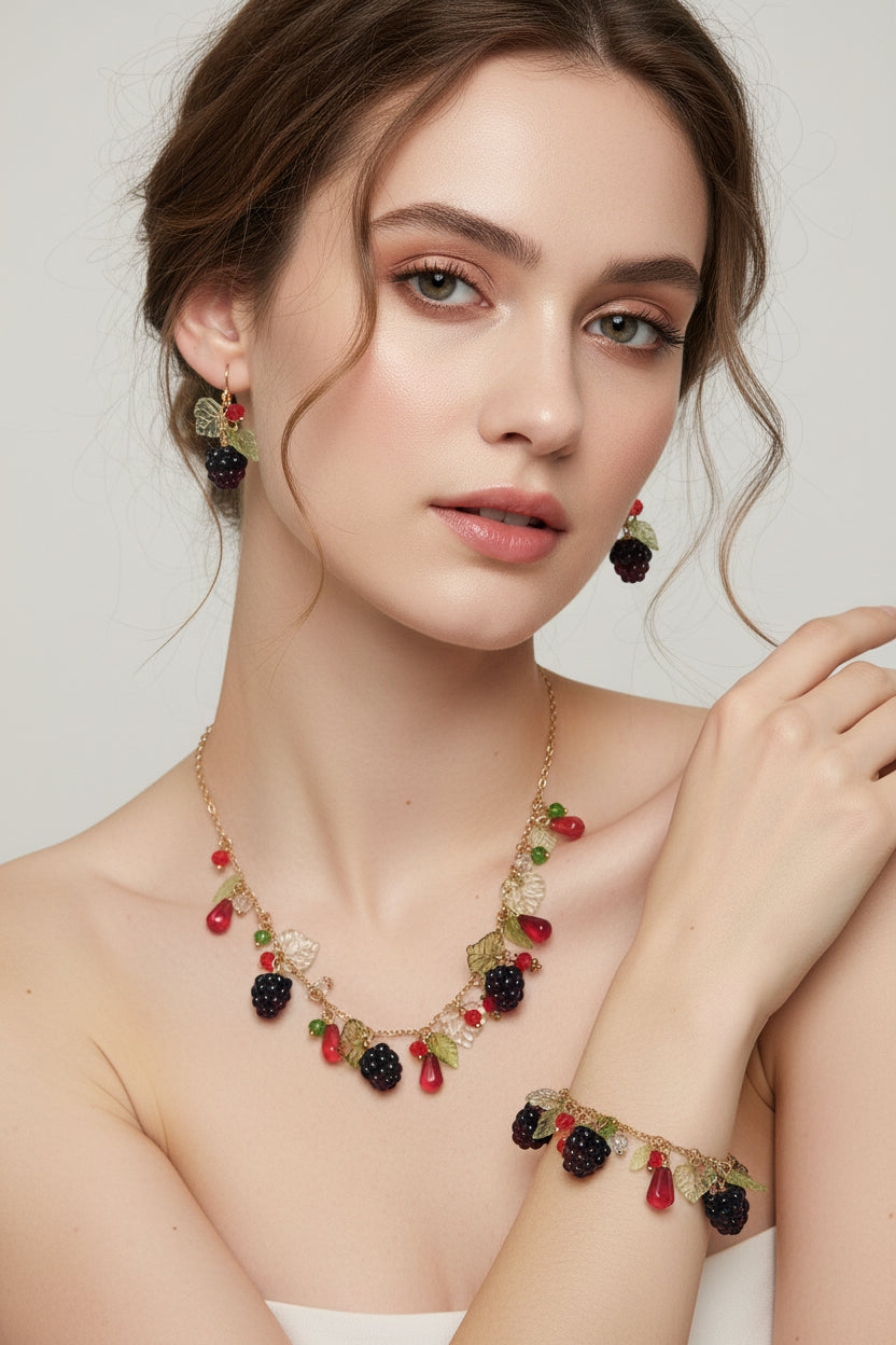 Handmade blackberry  jewelry with hypoallergenic gold plated stainless steel hardware and resin glass beads