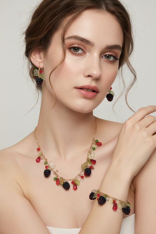Handmade blackberry  jewelry with hypoallergenic gold plated stainless steel hardware and resin glass beads