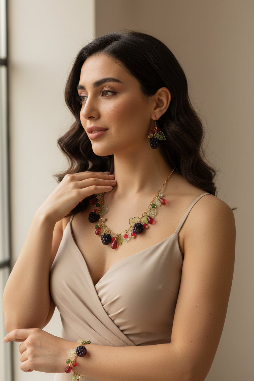 Handmade blackberry  jewelry with hypoallergenic gold plated stainless steel hardware and resin glass beads