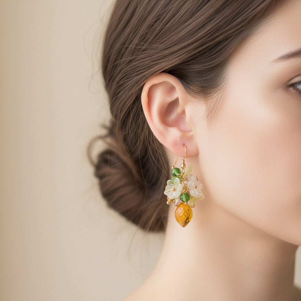 Handmade Fruit Jewelry Set, 18K Gold Plated Necklace and Earrings, Lemons with natural pearls glass and resin beads