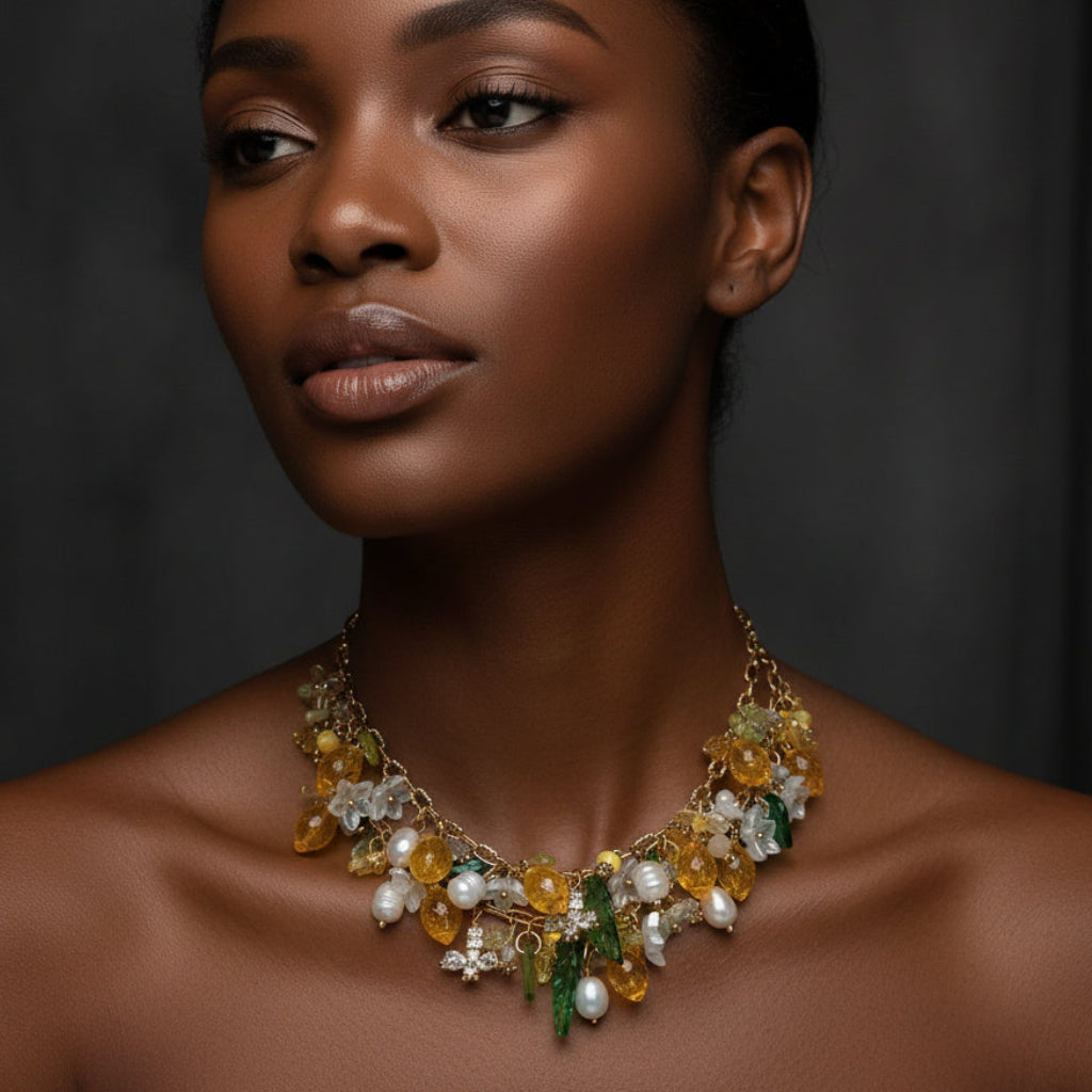 Handmade Fruit Jewelry Set, 18K Gold Plated Necklace and Earrings, Lemons with natural pearls glass and resin beads