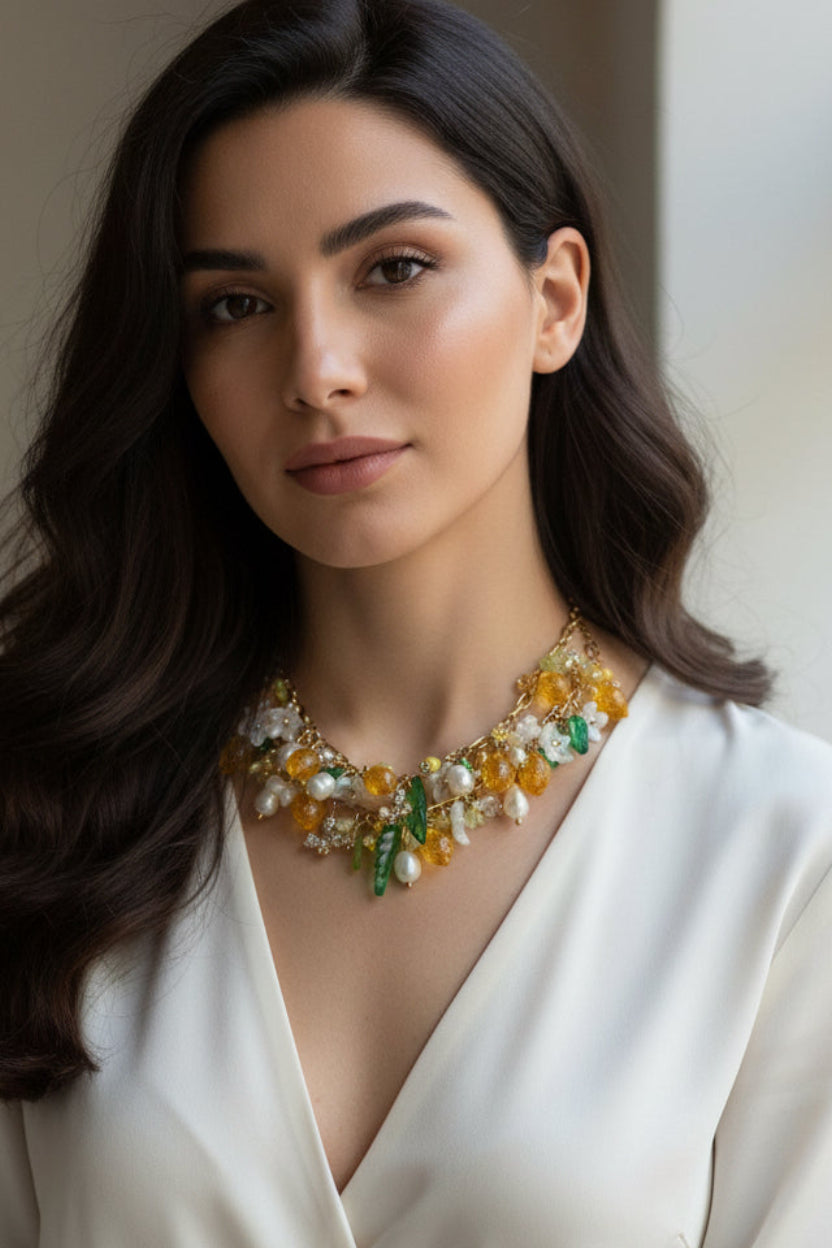Handmade Fruit Jewelry Set, 18K Gold Plated Necklace and Earrings, Lemons with natural pearls glass and resin beads