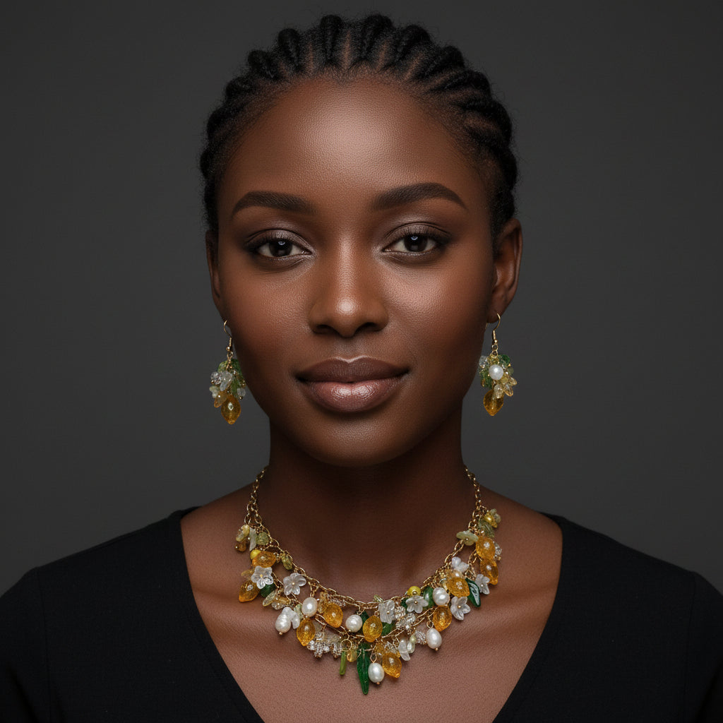 Handmade Fruit Jewelry Set, 18K Gold Plated Necklace and Earrings, Lemons with natural pearls glass and resin beads