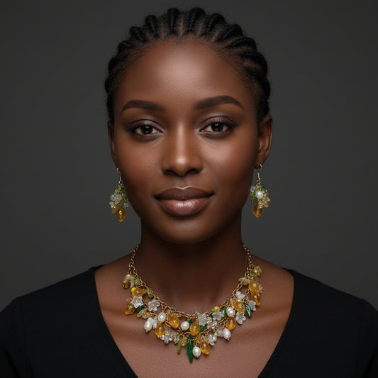 Handmade Fruit Jewelry Set, 18K Gold Plated Necklace and Earrings, Lemons with natural pearls glass and resin beads