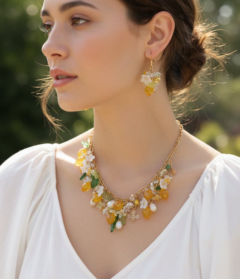 Handmade Fruit Jewelry Set, 18K Gold Plated Necklace and Earrings, Lemons with natural pearls glass and resin beads