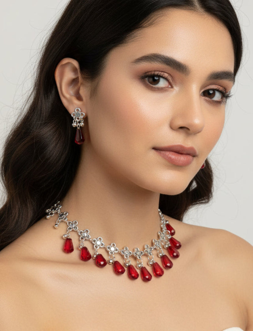 Pomegranate Jewelry Set for Women, Red Resin Drop Choker Necklace and Dangle Earrings, Silver-Tone Floral Chain