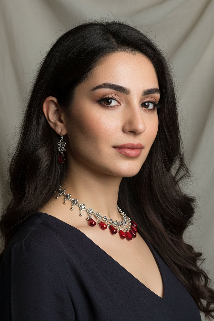 Pomegranate Jewelry Set for Women, Red Resin Drop Choker Necklace and Dangle Earrings, Silver-Tone Floral Chain