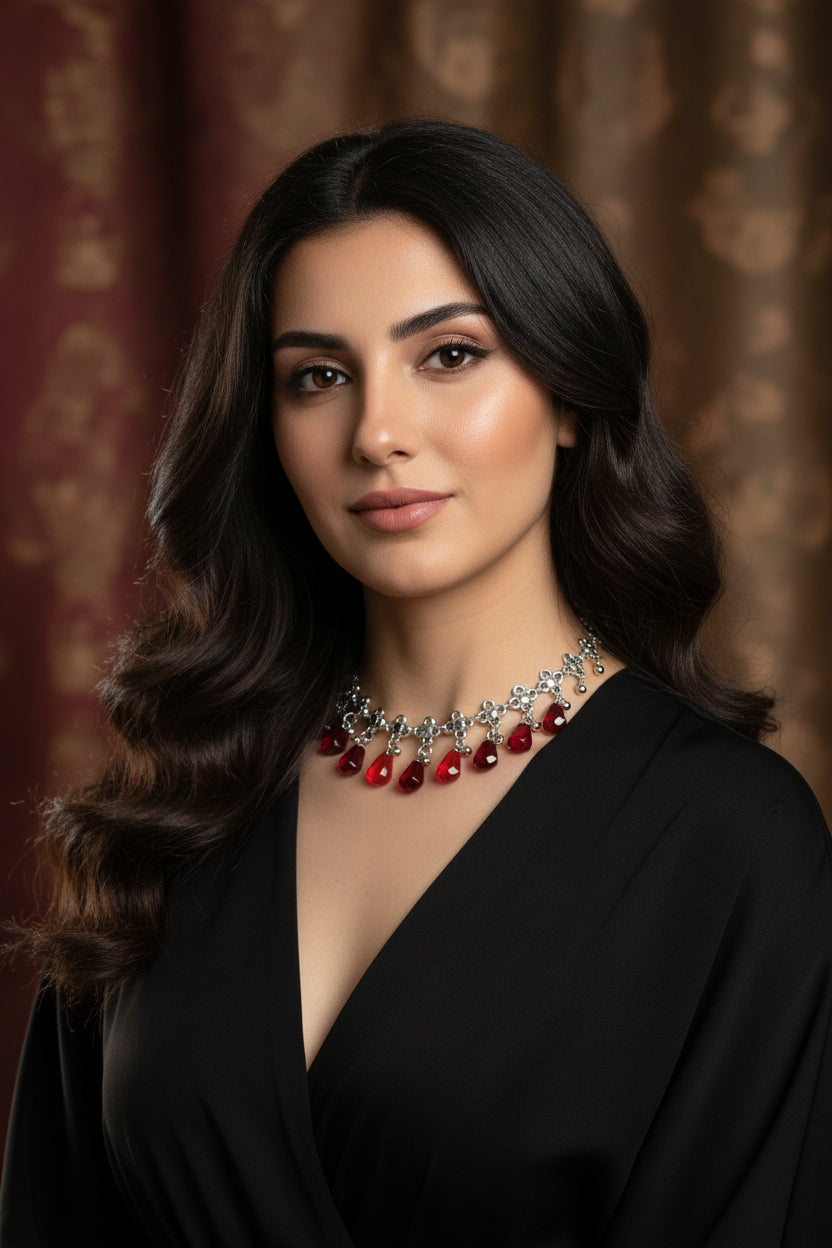 Pomegranate Jewelry Set for Women, Red Resin Drop Choker Necklace and Dangle Earrings, Silver-Tone Floral Chain