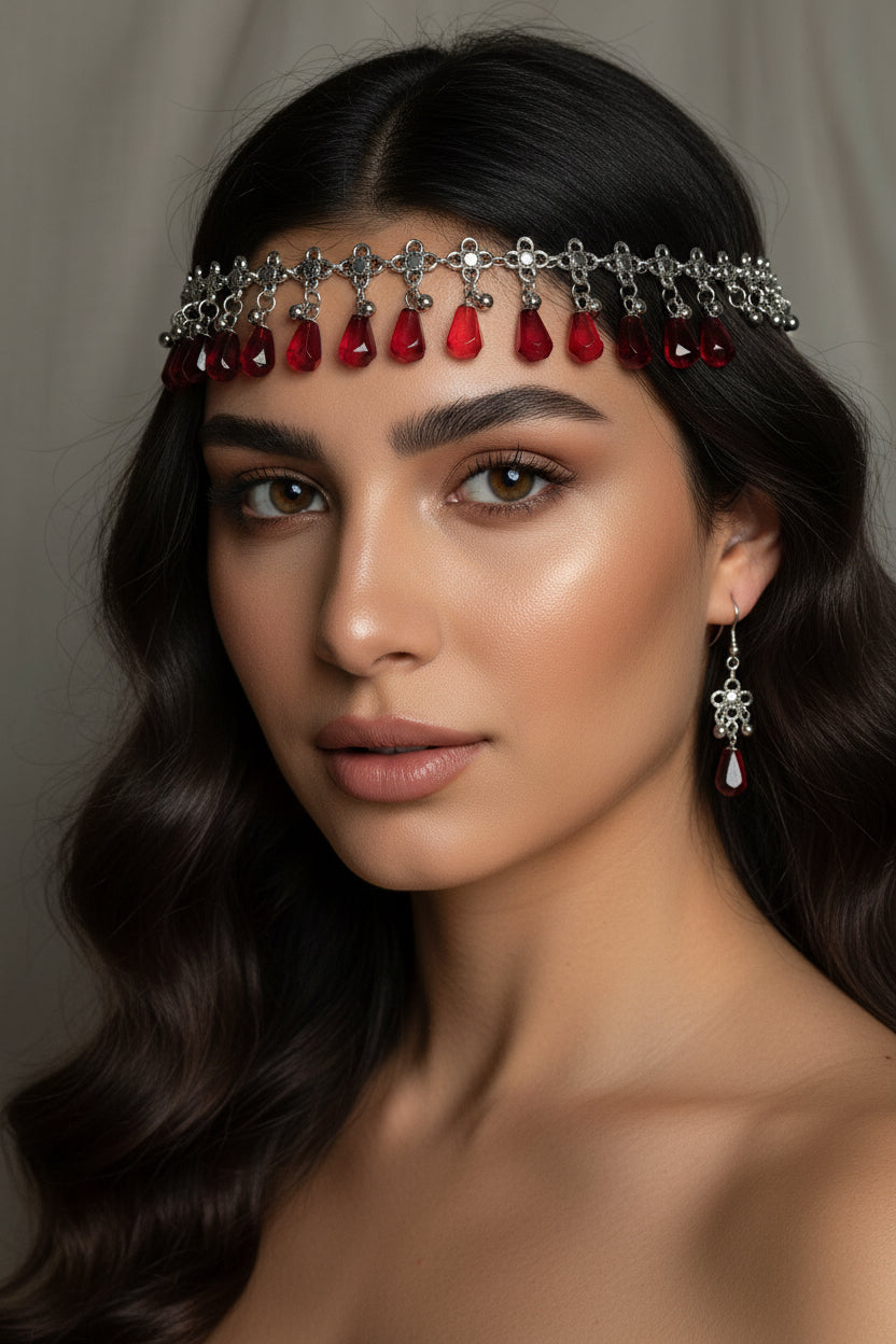 Pomegranate Jewelry Set for Women, Red Resin Drop Choker Necklace and Dangle Earrings, Silver-Tone Floral Chain