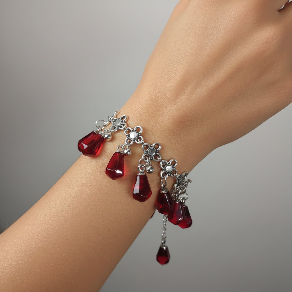 Pomegranate Jewelry Set for Women, Red Resin Drop Choker Necklace and Dangle Earrings, Silver-Tone Floral Chain