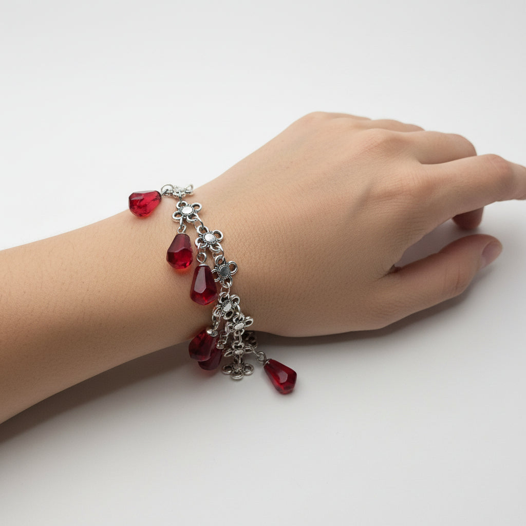 Pomegranate Jewelry Set for Women, Red Resin Drop Choker Necklace and Dangle Earrings, Silver-Tone Floral Chain