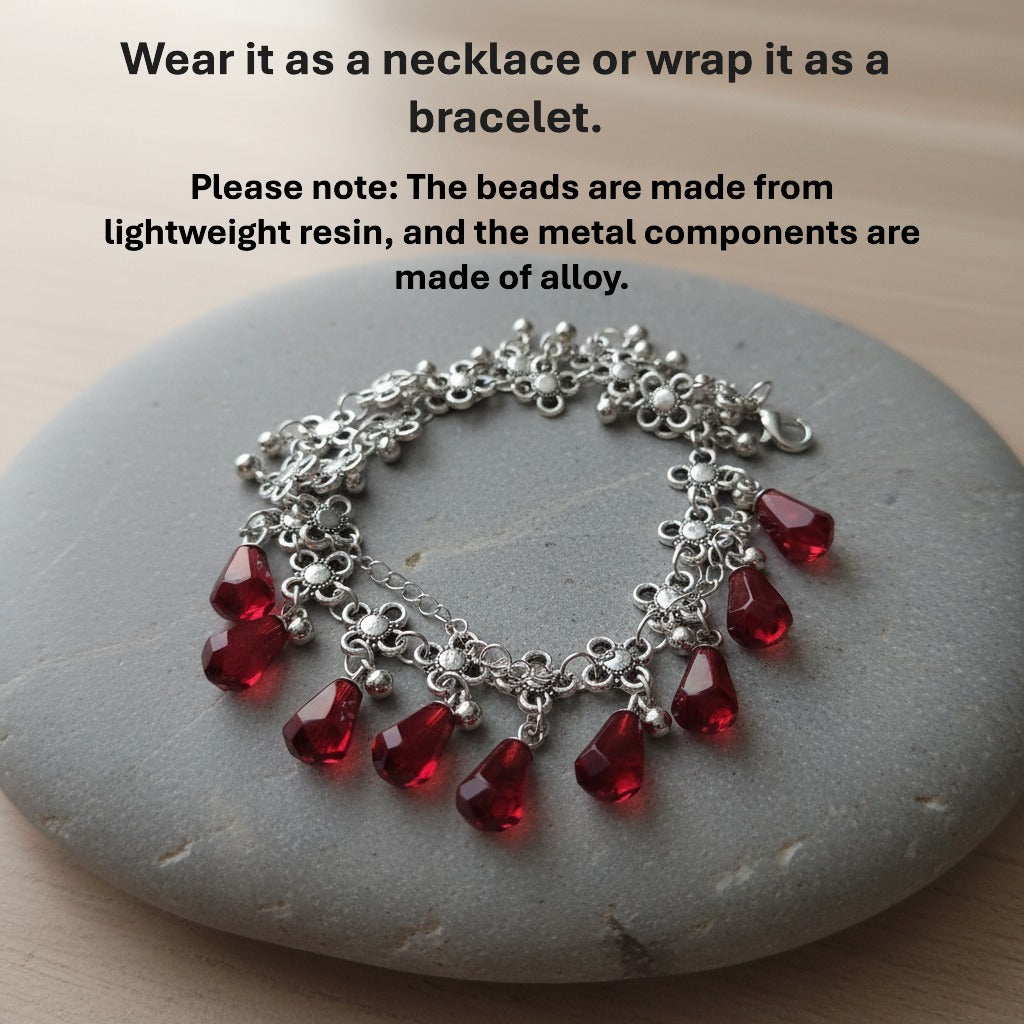 Pomegranate Jewelry Set for Women, Red Resin Drop Choker Necklace and Dangle Earrings, Silver-Tone Floral Chain