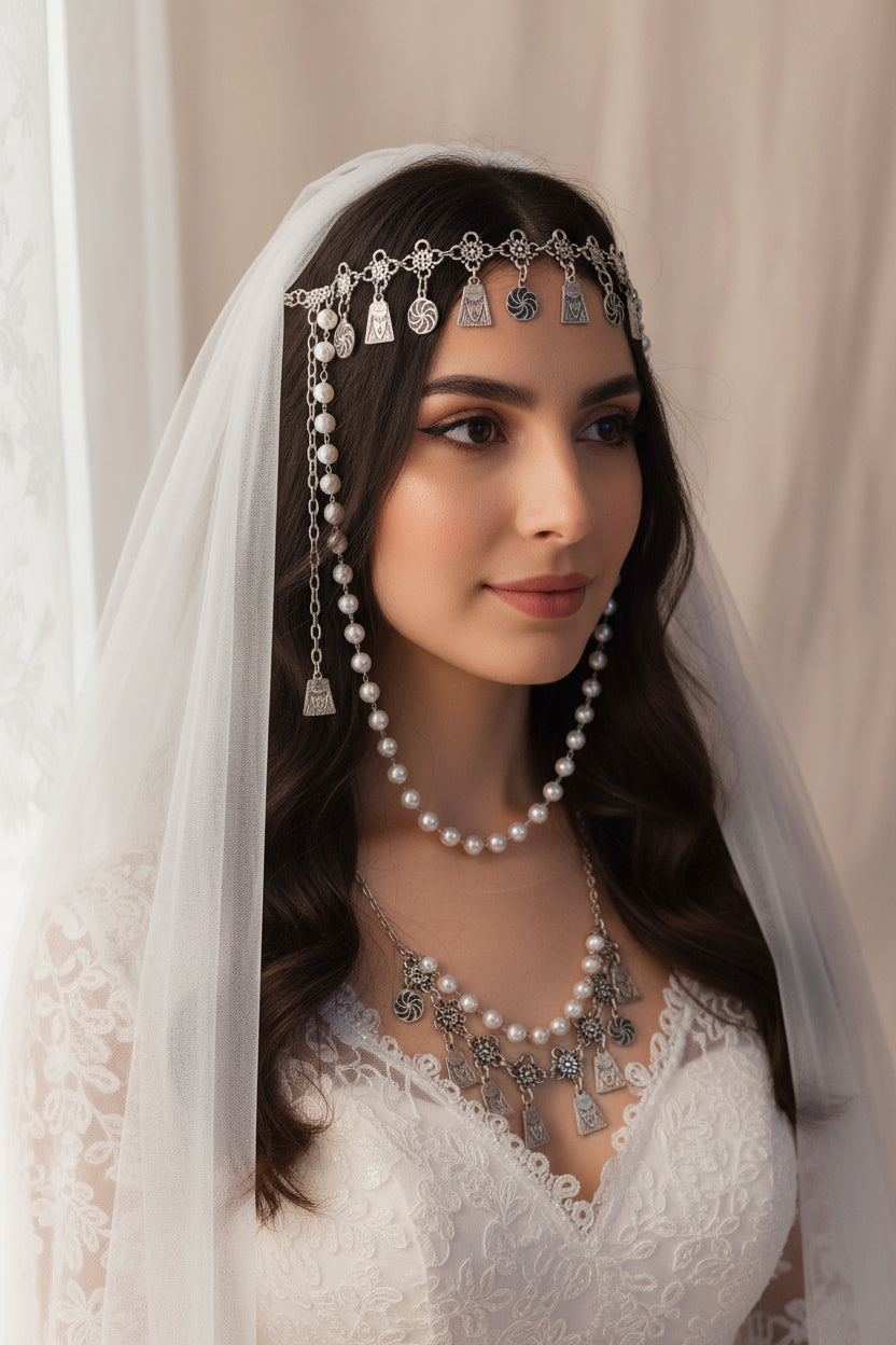 Armenian traditional headpiece with necklace and belt for wedding