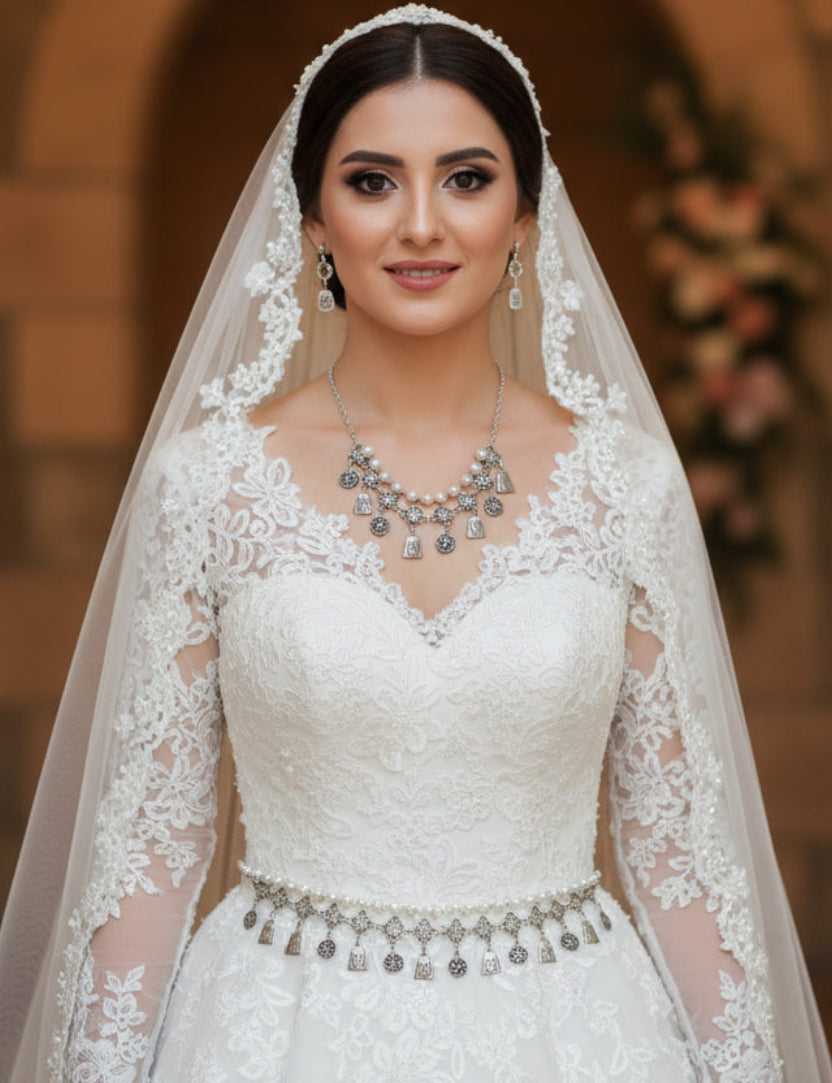 Armenian traditional headpiece with necklace and belt for wedding