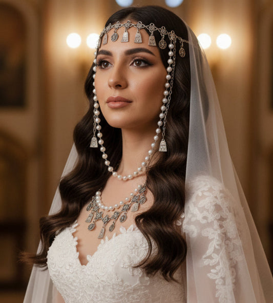 Armenian traditional headpiece with necklace and belt for wedding