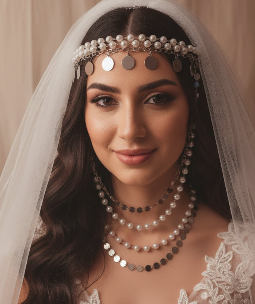 Armenian traditional layered headpiece with earrings and necklace  for wedding