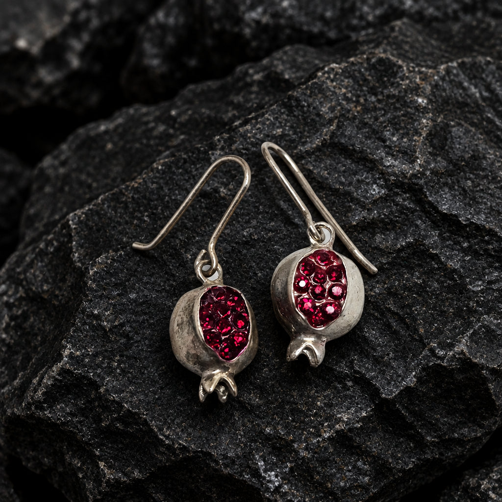 925 Sterling Silver Pomegranate Earrings With Red Accent Handmade