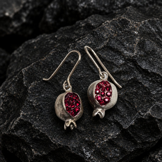 925 Sterling Silver Pomegranate Earrings With Red Accent Handmade