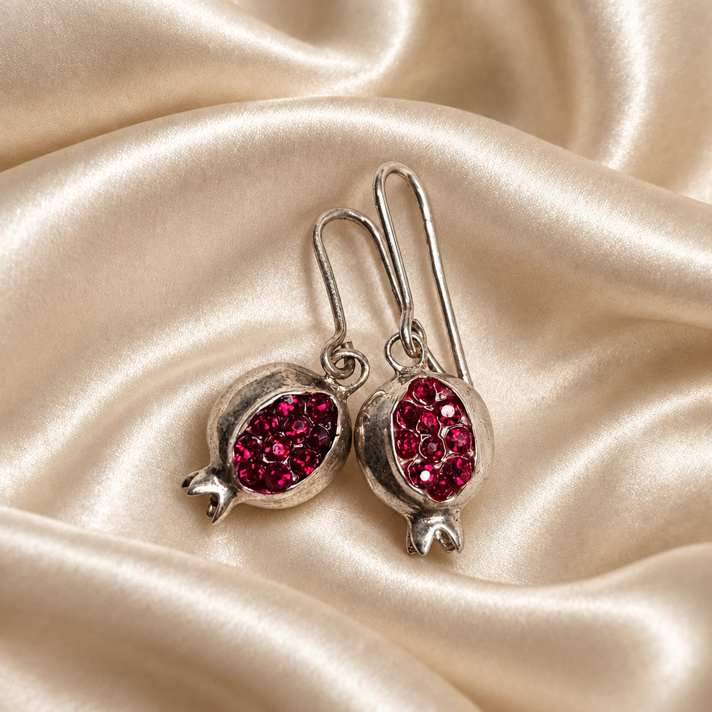925 Sterling Silver Pomegranate Earrings With Red Accent Handmade