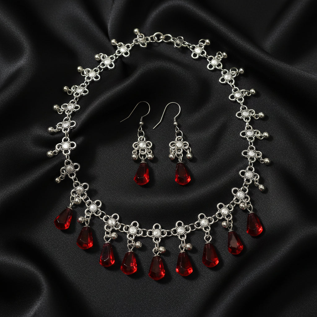 Pomegranate Jewelry Set for Women, Red Resin Drop Choker Necklace and Dangle Earrings, Silver-Tone Floral Chain