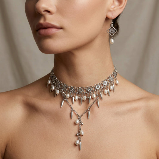 Traditional Filigree Silver Necklace and Earrings Set with Natural Pearls