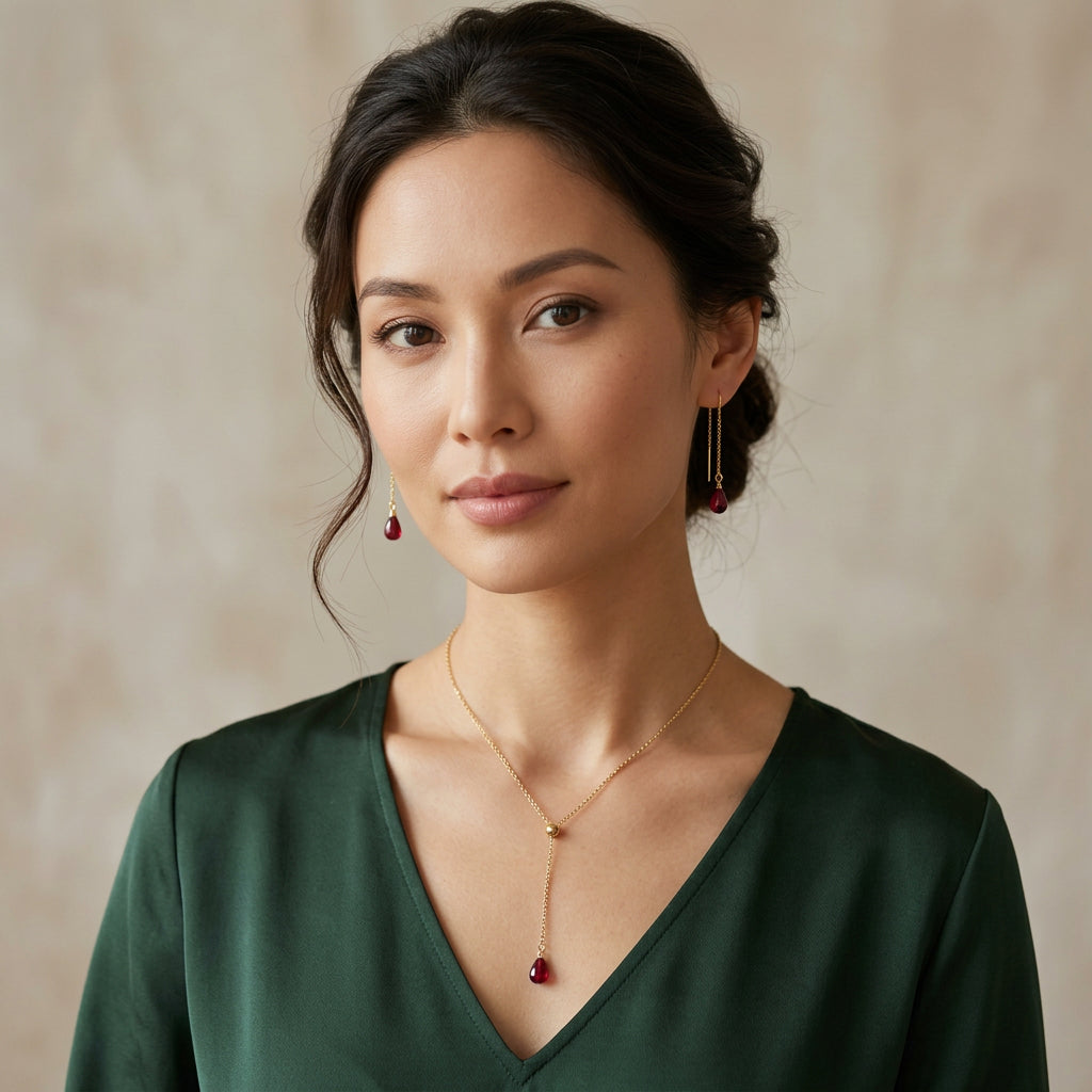 18K gold plated stainless steel, hypoallergic non tarnish jewelry  Pomegranate Glass seed Necklace and Earrings