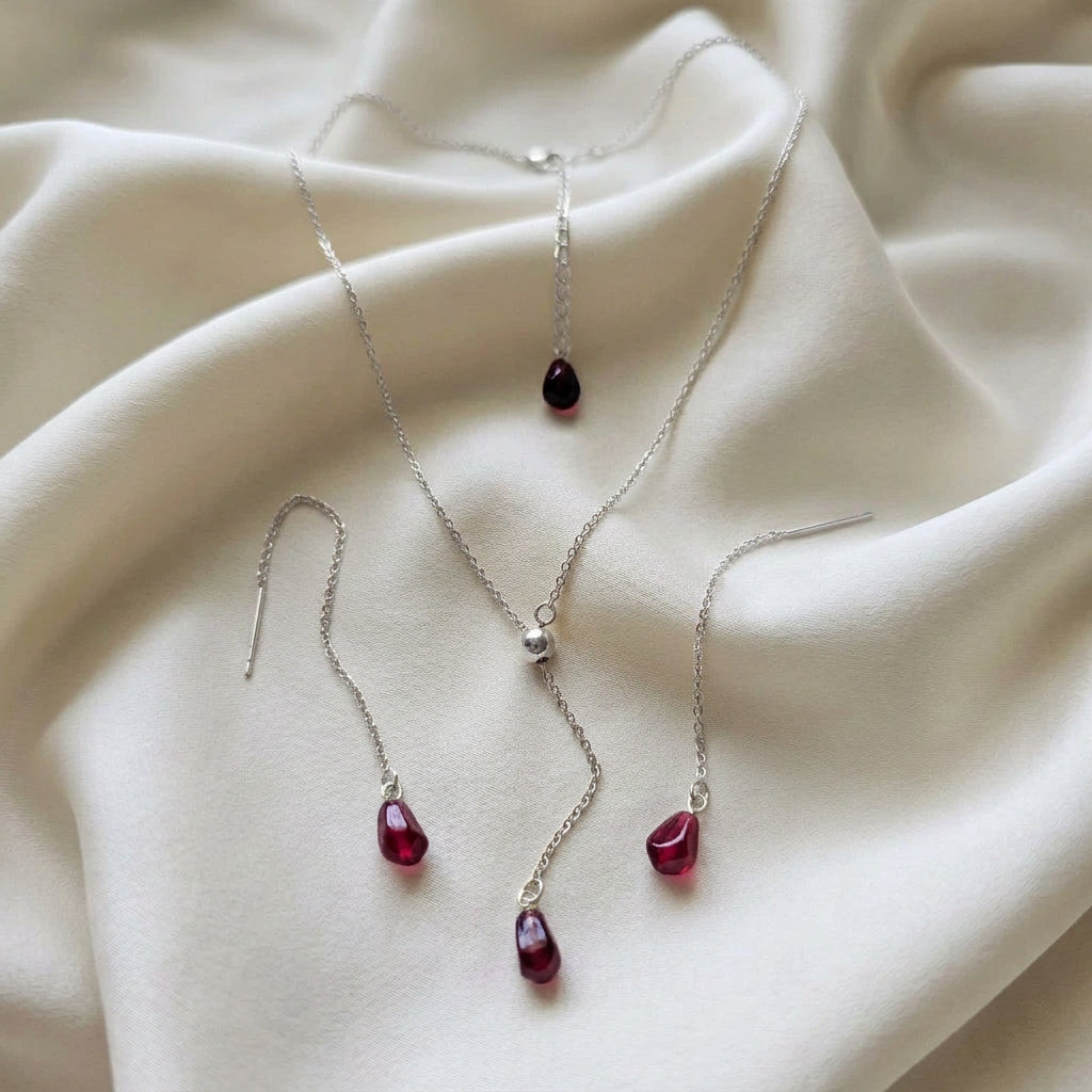 18K gold plated stainless steel, hypoallergic non tarnish jewelry  Pomegranate Glass seed Necklace and Earrings