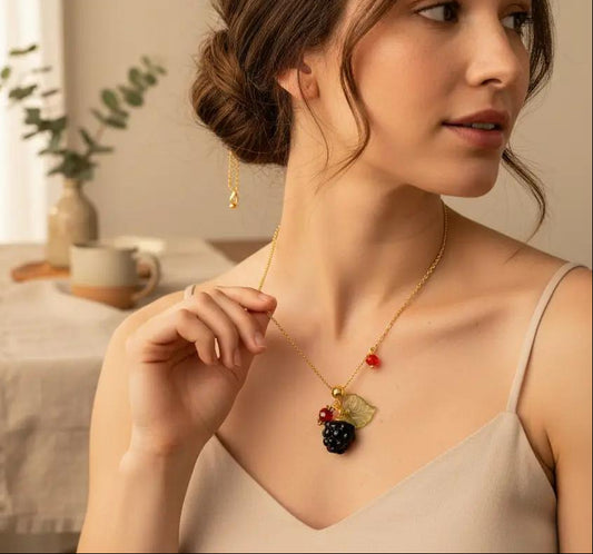 Blackberry Pendant Necklace, Handmade Hypoallergenic, Gold Plated Stainless Steel,  Nature Theme, Adjustable 16-18 Inch