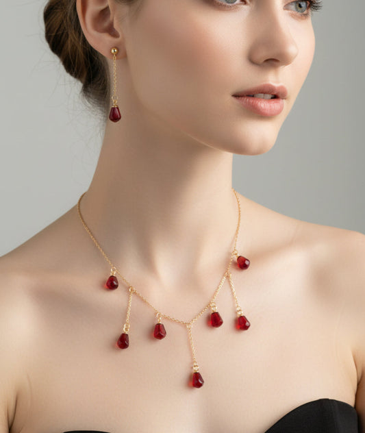 14K gold plated stainless steel Pomegranate resin seed Cascade shape necklace and long drop  earrings