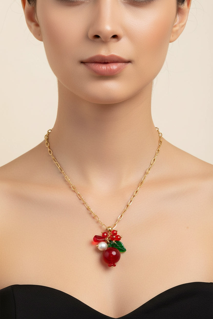 Hand Made Glass Pomegranate pendant necklace with Natural Pearl
